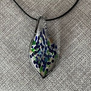 Artisan Made Glass Leaf Pendant Necklace – Black Cord, Blue & Green Accents